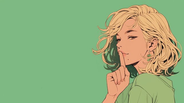 Pop Art girl making shush gesture on colorful background with copy space, shot of quiet. Amazing woman keeps fore finger over lips, makes silence gesture, gossips with friend, says hush. Be quiet