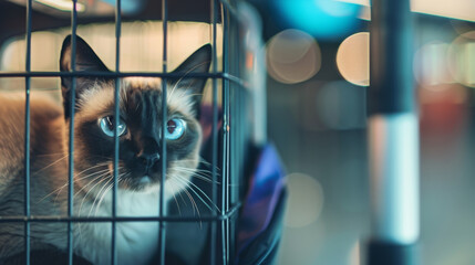 A cat is in a carrier cage going to travel. - obrazy, fototapety, plakaty