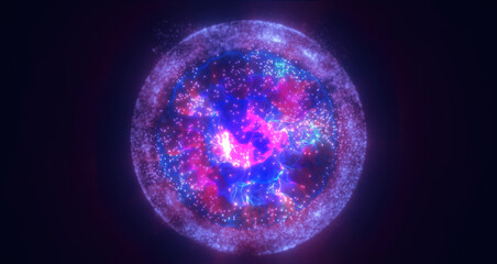 Purple energy magic circle, sphere, ball made of futuristic waves and lines of particles of atomic energy and electricity force field. Abstract background