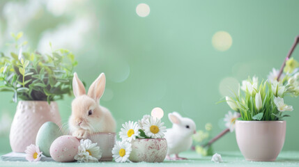 Naklejka na ściany i meble Easter background with colorful eggs, small fluffy bunnies and baby chicks in the style of soft pastel colors