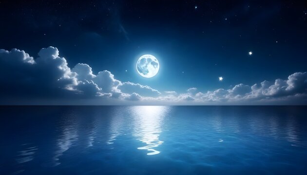 The full moon is shining brightly in the night sky, casting its reflection on the calm surface of the body of water below