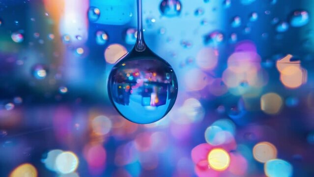 The cityscape reflected in a small raindrop on a camera lens transforming the image into a dreamy abstract work of art.