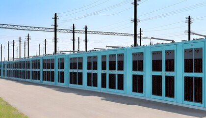 A row of power lines running parallel to each other, with metal poles standing tall to support the electrical transmission cables