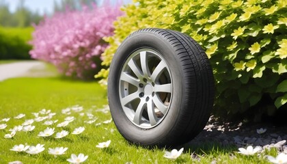Summer tires are dumped on the side of the road, creating an unsightly and wasteful scene - obrazy, fototapety, plakaty
