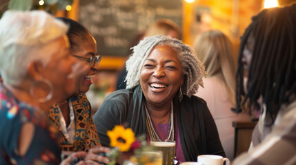  Elderly Friends Enjoying a Moment of Mirth in a Sun-Drenched Café - obrazy, fototapety, plakaty