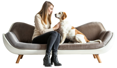 young blonde woman sitting with her dog on a modern sofa, isolated on a white background