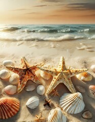 Warm summer sunset on the beach, showcasing starfish and seashells against ocean backdrop