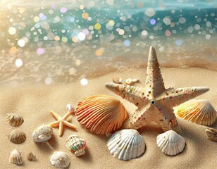Fototapeta na wymiar Collection of seashells and a starfish on sandy beach with shimmering ocean in the background