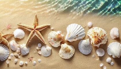 Summer beach backdrop with a variety of seashells and starfish along the water's edge