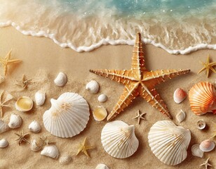 Fototapeta na wymiar Seashells and starfish on a sandy beach with gentle ocean waves as a tranquil summer scene
