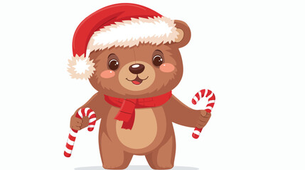 Cartoon funny baby bear holding Christmas candy flat
