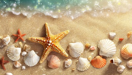 Fototapeta na wymiar Warm summer background with starfish and seashells on sandy beach and sparkling sea
