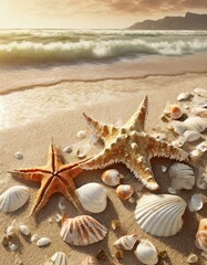 Fototapeta na wymiar Warm summer backdrop featuring seashells and starfish on a sandy shore with gentle waves in the background