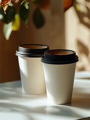 cups, white double-walled paper cups, Black cover, clear edges of the cup bodies, Soft sunlight, shadows