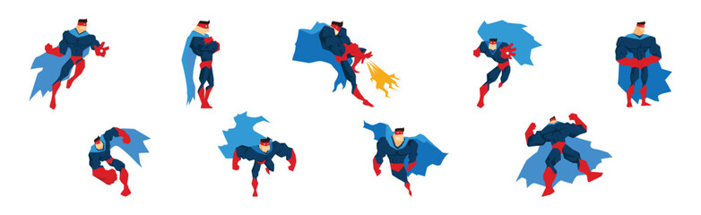 Muscular Man Superhero Character in Red and Blue Suit in Different Pose Vector Set