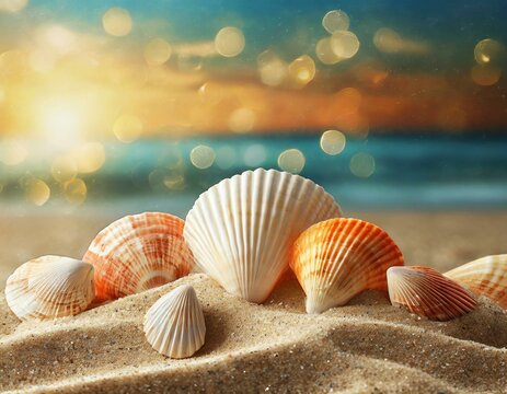 Gorgeous seashells artfully displayed on a sandy beach against a shimmering summer scene