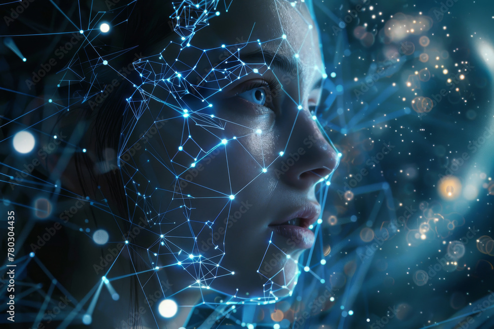 Poster a woman's face is shown in a blue background with a lot of lines and dots of tech elements, abstract