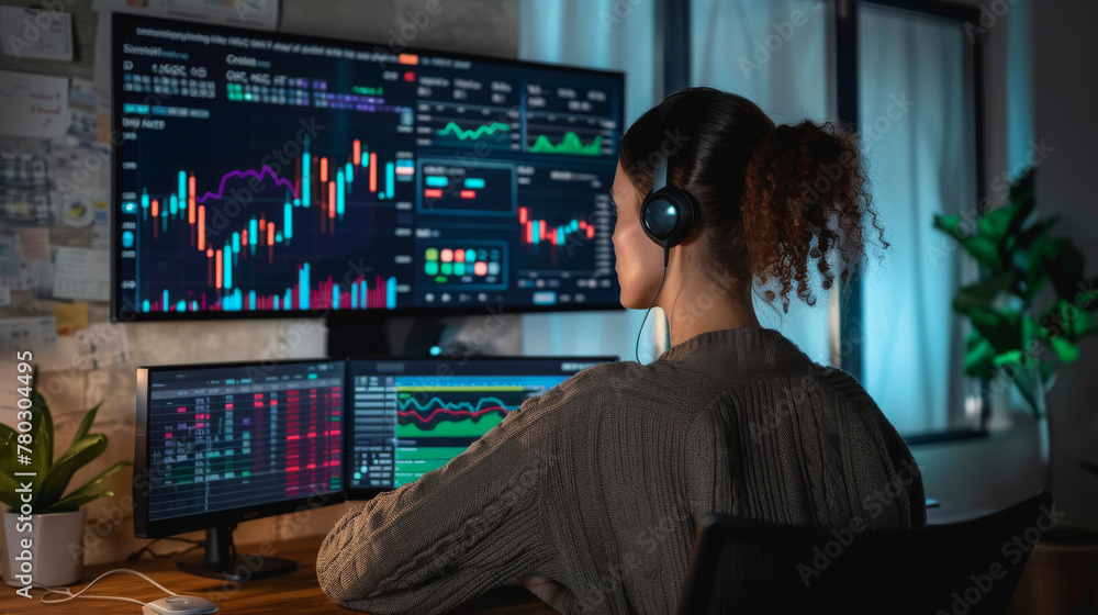 Poster a woman trader is sitting in front of a computer monitor with stock market graph, investment concept