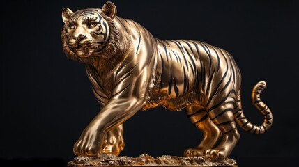 gold statue of tiger isolated in black background