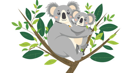 Cartoon funny baby koala on mothers background embracing 