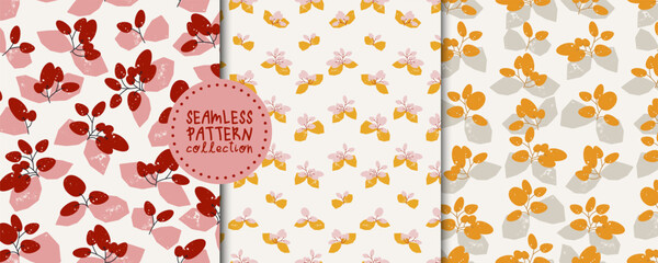Set with seamless patterns with different branches. Vector prints, designs, backgrounds