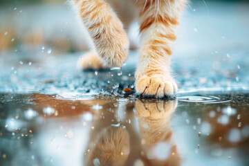 A cat is walking in the rain and its paw is in the water puddle after rain
