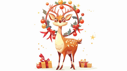 Cartoon funny deer holding Christmas Wreath 