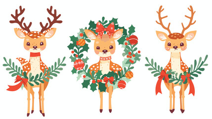 Cartoon funny deer holding Christmas Wreath 