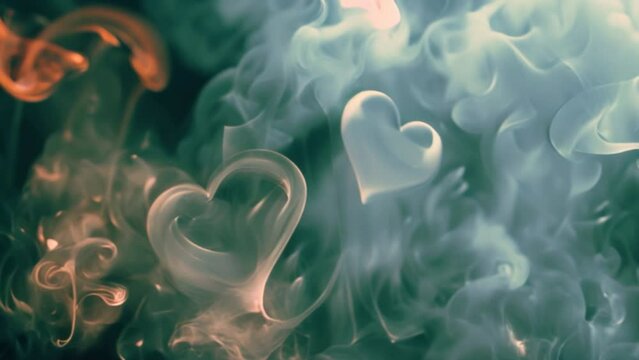 Heart-shaped smoke swirls on a black background, creating an amazing and energetic backdrop.