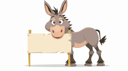 Cartoon funny donkey with blank sign flat vector 