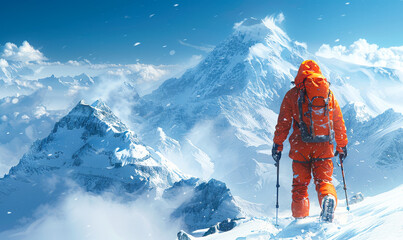 Mountaineer climbing snowy peaks, extreme winter trek adventure, video game concept art, explorer in harsh environment, survival challenge - obrazy, fototapety, plakaty