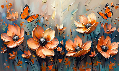 Vibrant Floral Tapestry with Radiant Blooms and Fiery Butterfly - obrazy, fototapety, plakaty