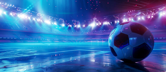 On a stadium with  ball in the net. Banner of soccer game. Sport concept. - obrazy, fototapety, plakaty