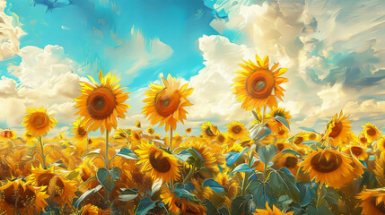 Surreal blue and orange sunflower field oil painting.  Summer artwork banner. - 780305812