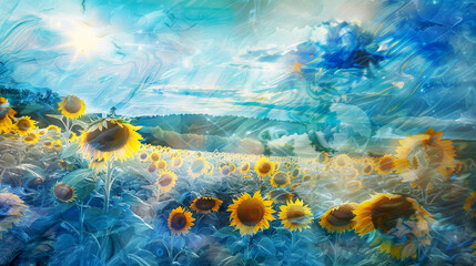 Surreal blue and orange sunflower field painting.  Summer banner. - 780305835