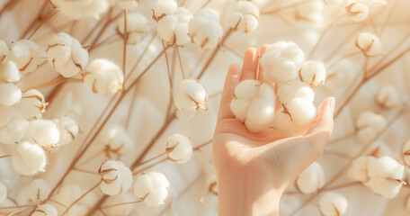 Banner with cotton ain hand on light background.  Concept of nature