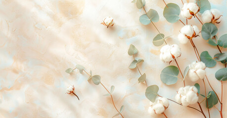 Illustration cotton and eucalypt leaves around on light background.  Concept of nature - 780305890