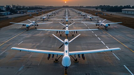 An army of military drones stands on the runway of a military airfield. Unmanned aircraft.