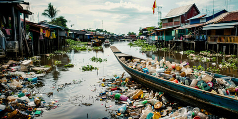 Plastic waste floating on river surface in Southeast Asia. Environment pollution. Panorama - 780306026
