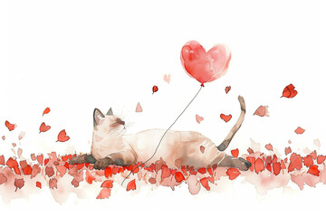 Happy kitten lies in the spring flowers and baloon on white background. Holliday watercolor illustration - 780306048