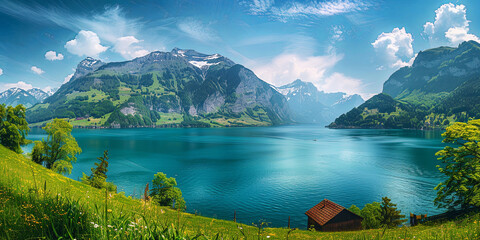 Beautiful panoramic view around mountain Lake in spring day. Rest at nature lanscape - 780306055