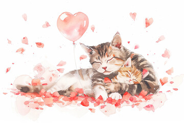Cat with kitten sleep in the spring flowers petals on white background. Watercolor greeting card. Happy Moter's day - 780306063