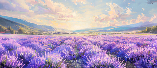 Lavender flower field in countryside. Panorama of nature concept. - obrazy, fototapety, plakaty