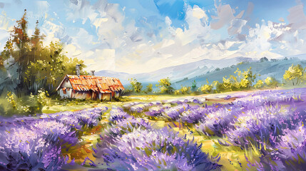 Purple lavender flower blossom field and house in countryside. Banner of nature concept.