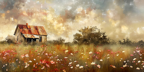 Summer landscape of cottage in field in the countryside. Moody style painting. Banner - 780306099