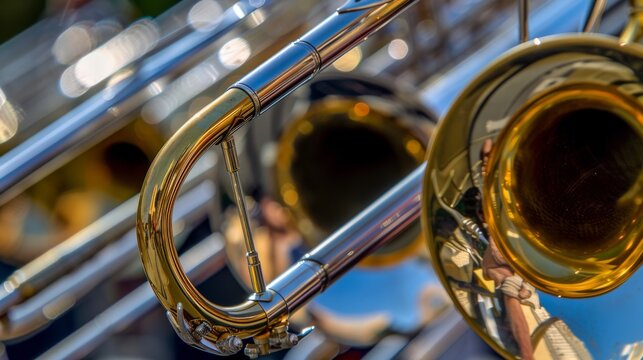 A captivating image showcasing the elegant curves of a trombone in the marching band