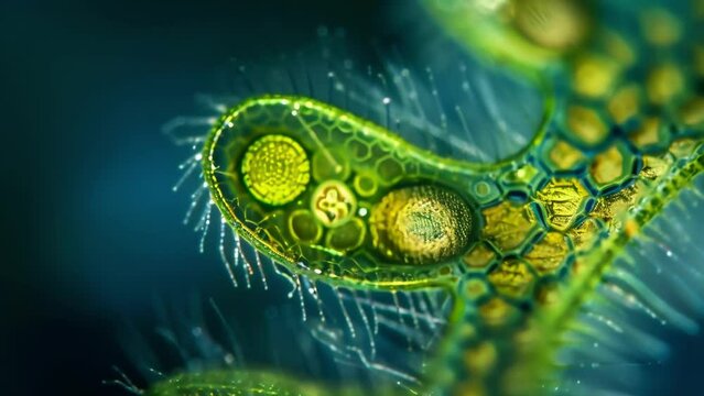 A microscopic view of a fern cell fertilizing an egg cell initiating the beginning of the ferns new life cycle. . AI generation.