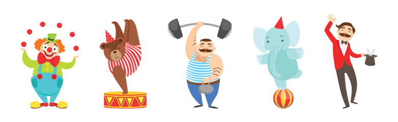 Circus Artist Character with Clown, Bear, Strongman, Elephant and Magician Vector Set