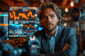 Obraz premium A young man hosting a video blog session, engages with his audience about cryptocurrency trading, with dynamic digital charts displayed in the background.