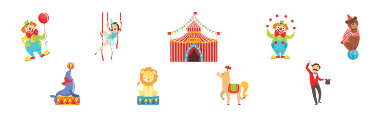 Circus Artist Character with Clown, Seal, Lion, Horse and Woman Acrobat Vector Set